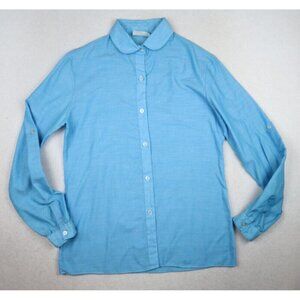 VINTAGE 70s WOMEN'S BLUE BUTTON-UP TOP - PETER PAN COLLAR - HUK-A-POO - SIZE 9